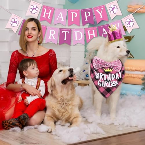 Qpets Dog Birthday Party Set, Paw-print Dog Birthday Banner Dog Birthday Bandanas, Doggie Sequine Bow Ties, Crown Birthday Hat, Golden Number Decorations Birthday Party for Dogs, Pink Qpets Dog Birthday Party Set, Paw-print Dog Birthday Banner Dog Birthday Bandanas, Doggie Sequine Bow Ties, Crown Birthday Hat, Golden Number Decorations Birthday Party for Dogs, Pink